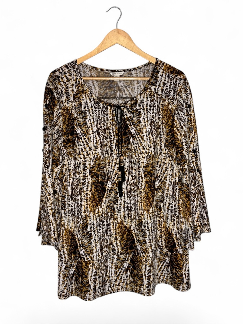 Cato 18/20 1X Brown Black Feather Print Boho Bell Sleeve Button Knit Top Plus